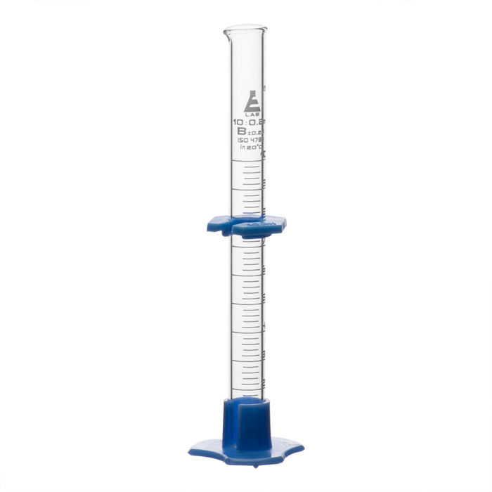 Measuring Cylinder, 10ml - Class B - Detachable, Plastic Hexagonal Base & Protective Collar - White Graduations - Borosilicate Glass - Eisco Labs