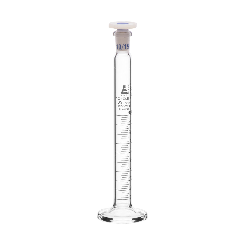 Measuring Cylinder, 10ml - Class A - 10/19 Polypropylene Stopper - Round Base, White Graduations - Borosilicate Glass - Eisco Labs