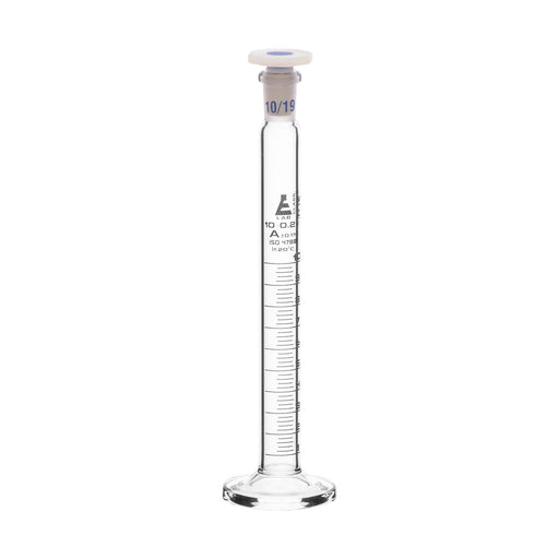Measuring Cylinder, 10ml - Class A - 10/19 Polypropylene Stopper - Round Base, White Graduations - Borosilicate Glass - Eisco Labs
