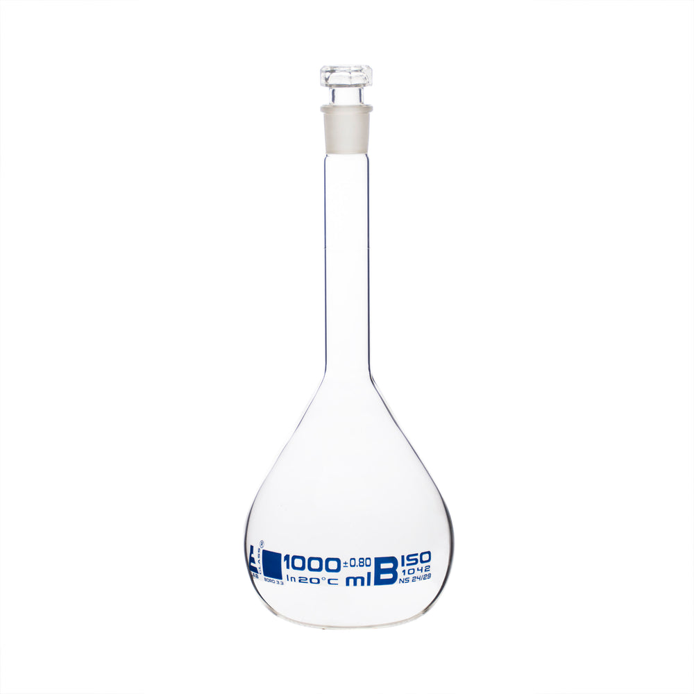 Volumetric Flask, 1000ml - Class B - Hexagonal, Hollow Glass Stopper - Single, Blue Graduation - Eisco Labs