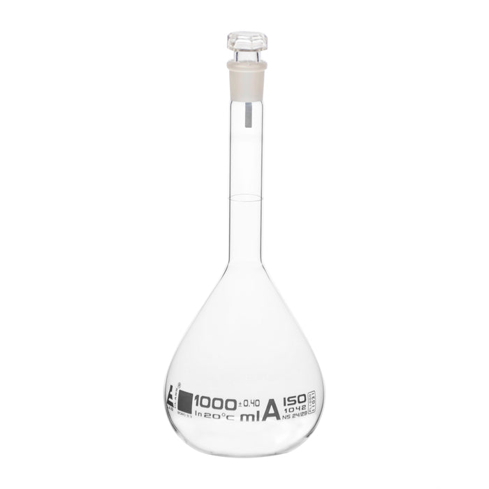 Volumetric Flask, 1000ml - Class A - Hexagonal, Hollow Glass Stopper - Single, White Graduation - Eisco Labs
