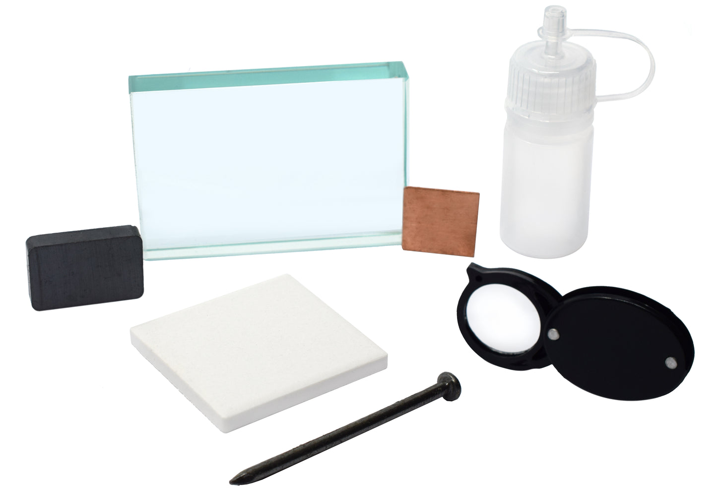 Mineral ID Kit - 7 Pieces - Includes Streak Plate, Glass Plate, Dropper Bottle, Magnet, Nail, Copper Square & Retractable Hand Lens - Great for Geology Classrooms & Basic Field Testing - Eisco Labs