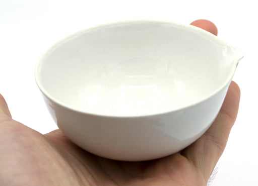 100mL capacity, Round Evaporating Dish with Spout - Porcelain - 3.3" Outer Diameter, 1.5" Tall