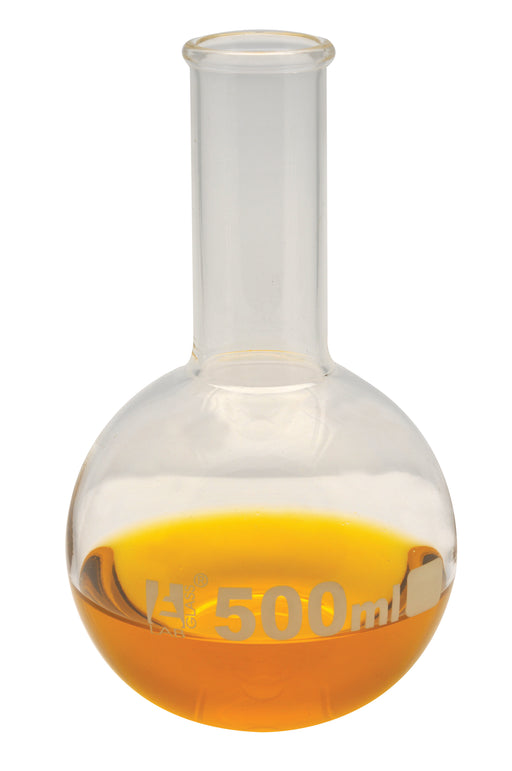 Boiling Flask, 500ml - Borosilicate Glass - Round Bottom, Narrow Neck (1.1" ID) - Eisco Labs