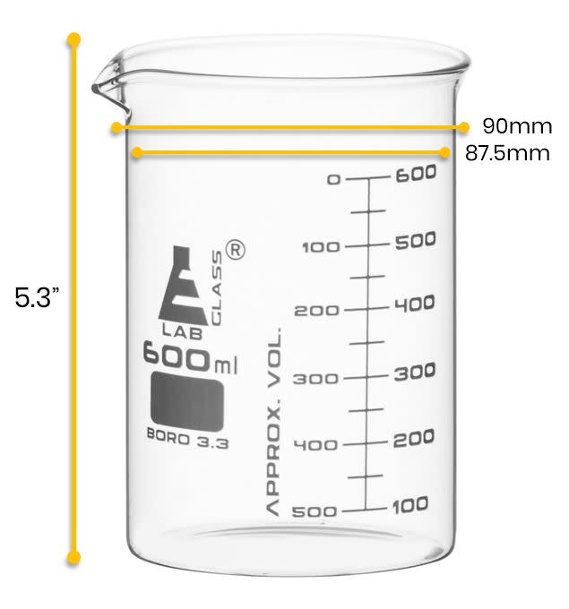 Beaker, 600ml - ASTM - Low Form, Dual Scale Graduations - Borosilicate Glass