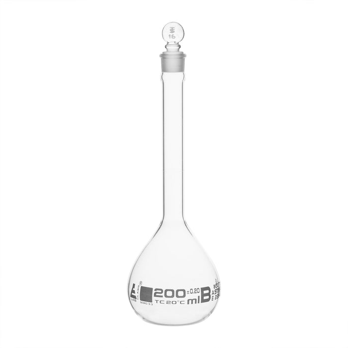 Volumetric Flask, 200ml - Class B, ASTM - Tolerance ±0.200 ml - Glass Stopper -  Single, White Graduation - Eisco Labs