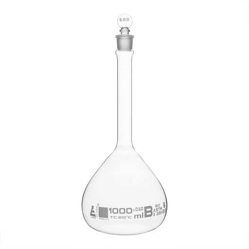 Volumetric Flask, 1000ml - Class A, ASTM - Tolerance ±0.300 ml - Glass Stopper -  Single, White Graduation - Eisco Labs