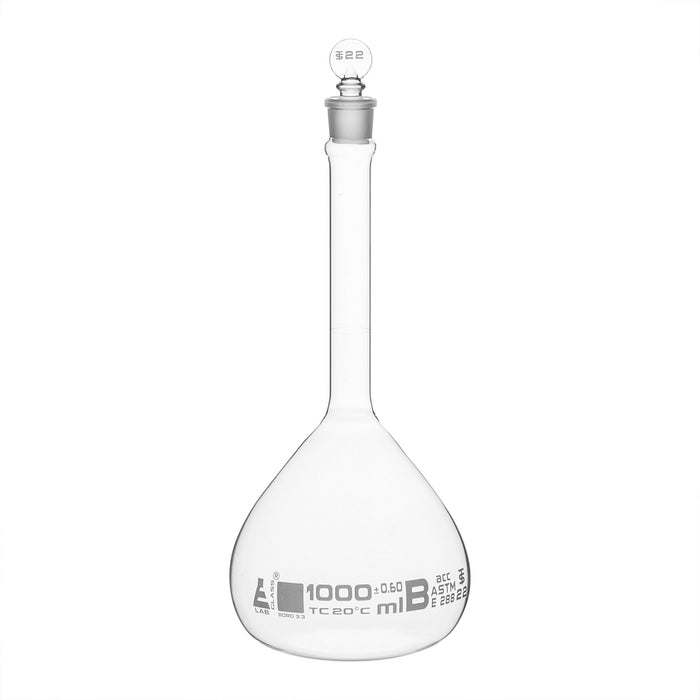 Volumetric Flask, 1000ml - Class A, ASTM - Tolerance ±0.300 ml - Glass Stopper -  Single, White Graduation - Eisco Labs
