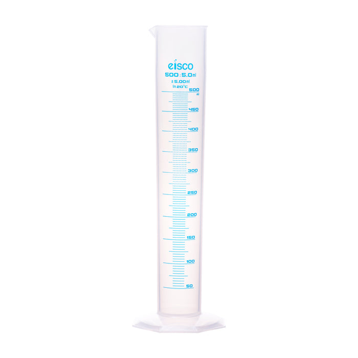 Pack of 5 - Measuring Cylinder, 500ml - Blue Screen Printed Graduations - Polypropylene