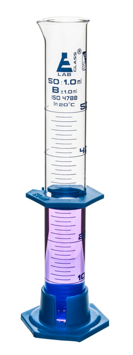 Measuring Cylinder, 50ml - Class B - Detachable, Plastic Hexagonal Base & Protective Collar - Blue Graduations - Borosilicate Glass - Eisco Labs