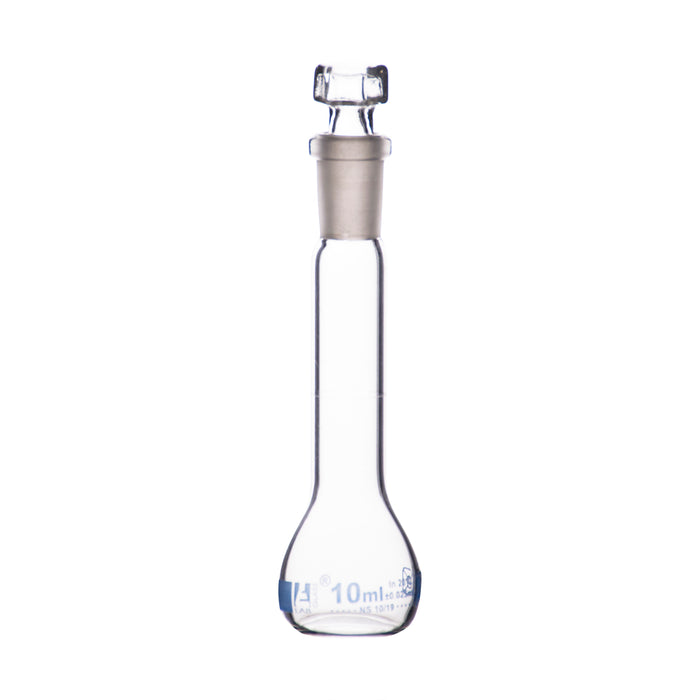 Volumetric Flask, 10ml - Class B - Hexagonal, Hollow Glass Stopper - Single, Blue Graduation - Eisco Labs