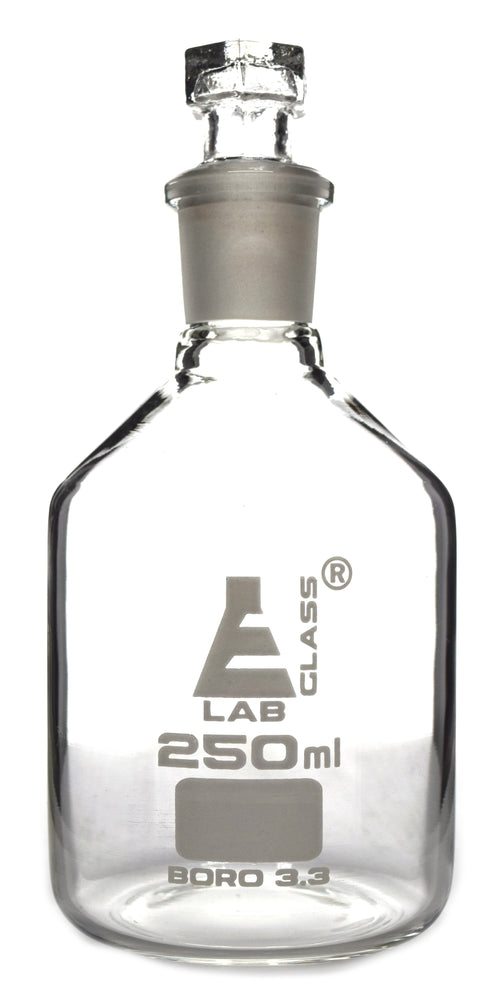 Reagent Bottle, Borosilicate Glass, Narrow Mouth with Interchangeable Hexagonal hollow glass Stopper - 250ml - Eisco Labs