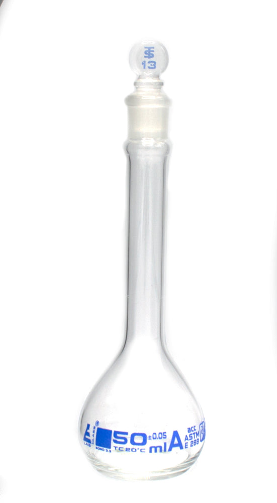 Volumetric Flask, 50ml - Class A, ASTM - Tolerance ±0.050 ml - Glass Stopper -  Single, Blue Graduation - Eisco Labs