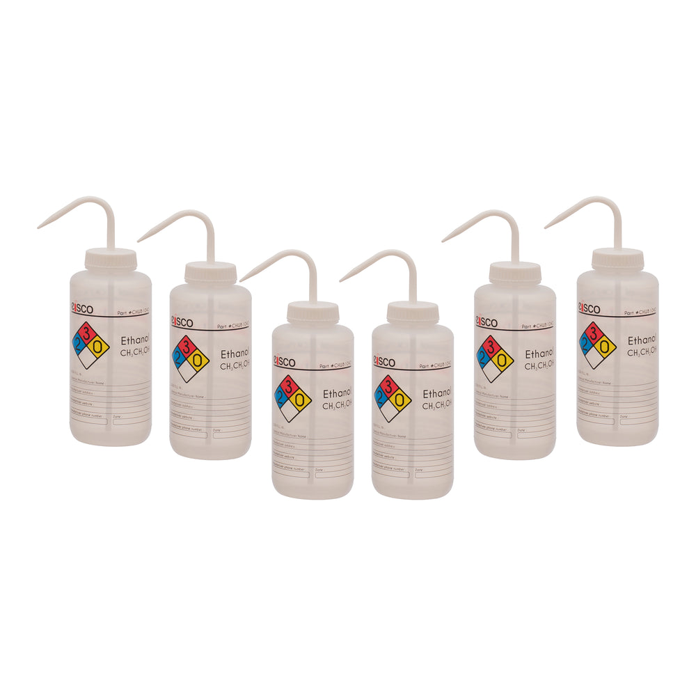 6PK Performance Plastic Wash Bottle, Ethanol, 1000 ml - Labeled (4 Color)