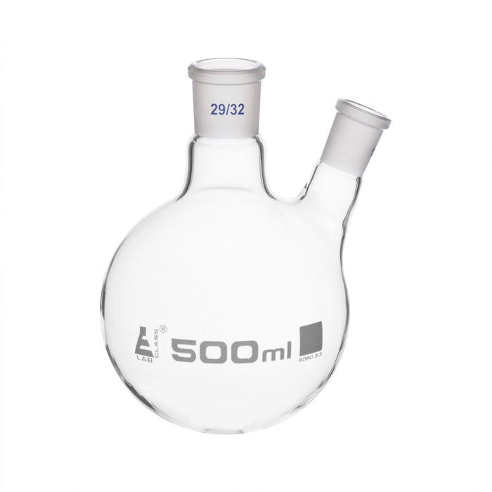 Distilling Flask, 500ml - 29/32 Oblique Neck with 14/23 Joint - Borosilicate Glass - Round Bottom - Eisco Labs