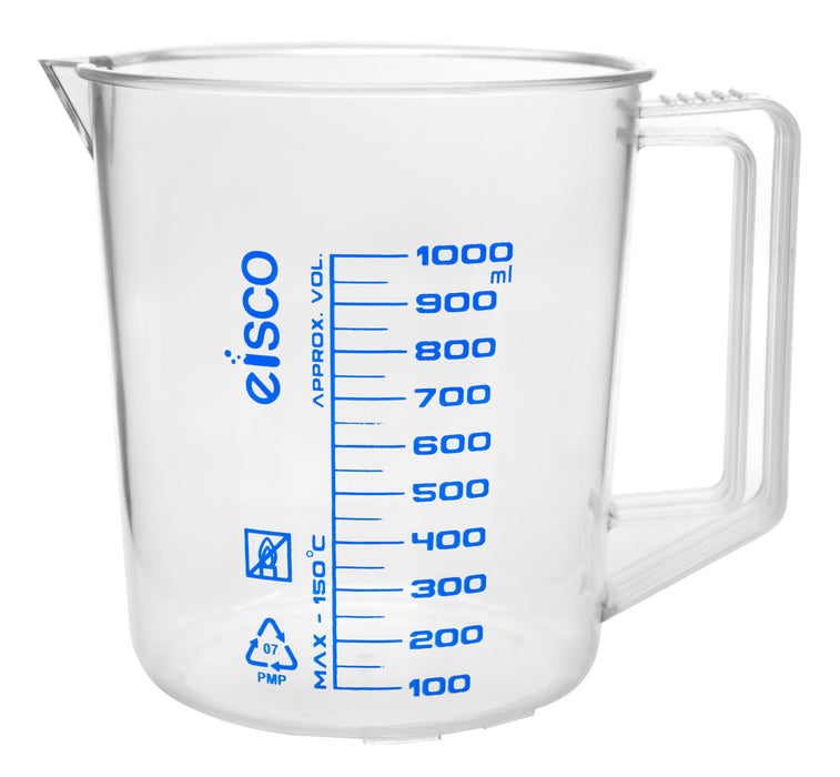 Measuring Jug, 1000ml - TPX Plastic - Printed Graduations - Chemical Resistant, Autoclavable - Short Form - Handle with Thumb Grip - Eisco Labs