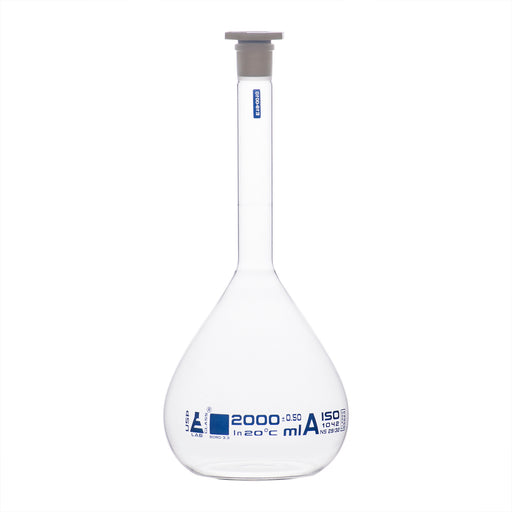 Volumetric Flask, 2000ml - Class A, ASTM - Polypropylene Stopper - Blue Graduation - Borosilicate Glass