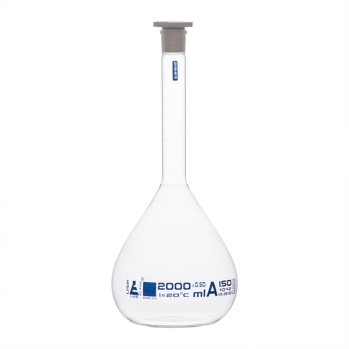 Volumetric Flask, 2000ml - Class A, ASTM - Polypropylene Stopper - Blue Graduation - Borosilicate Glass