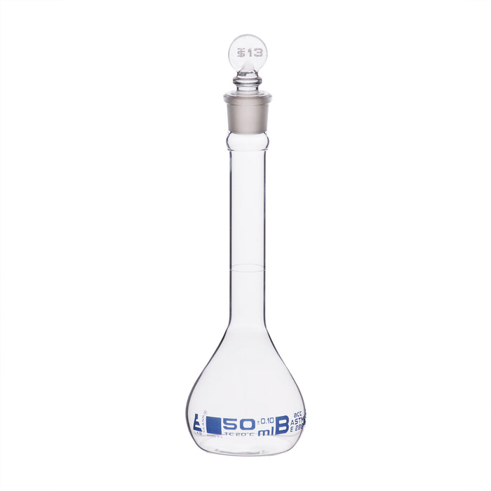 Volumetric Flask, 50ml - Class B, ASTM - Tolerance ±0.100 ml - Glass Stopper -  Single, Blue Graduation - Eisco Labs