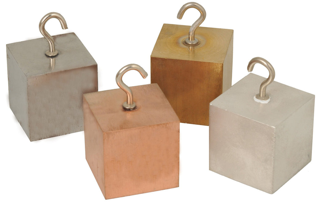 Density Cubes, Set of 4 Metals with Hooks, 1.26" (32mm) sides - Aluminum, Brass, Copper, Steel - For use with Density, Specific Gravity, Specific Heat Activities - Eisco Labs