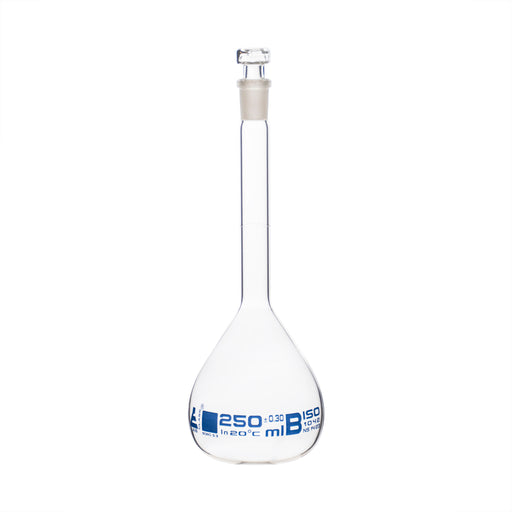 Volumetric Flask, 250ml - Class B - Hexagonal, Hollow Glass Stopper - Single, Blue Graduation - Eisco Labs