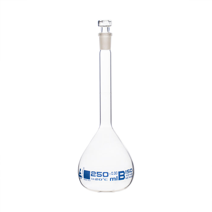 Volumetric Flask, 250ml - Class B - Hexagonal, Hollow Glass Stopper - Single, Blue Graduation - Eisco Labs