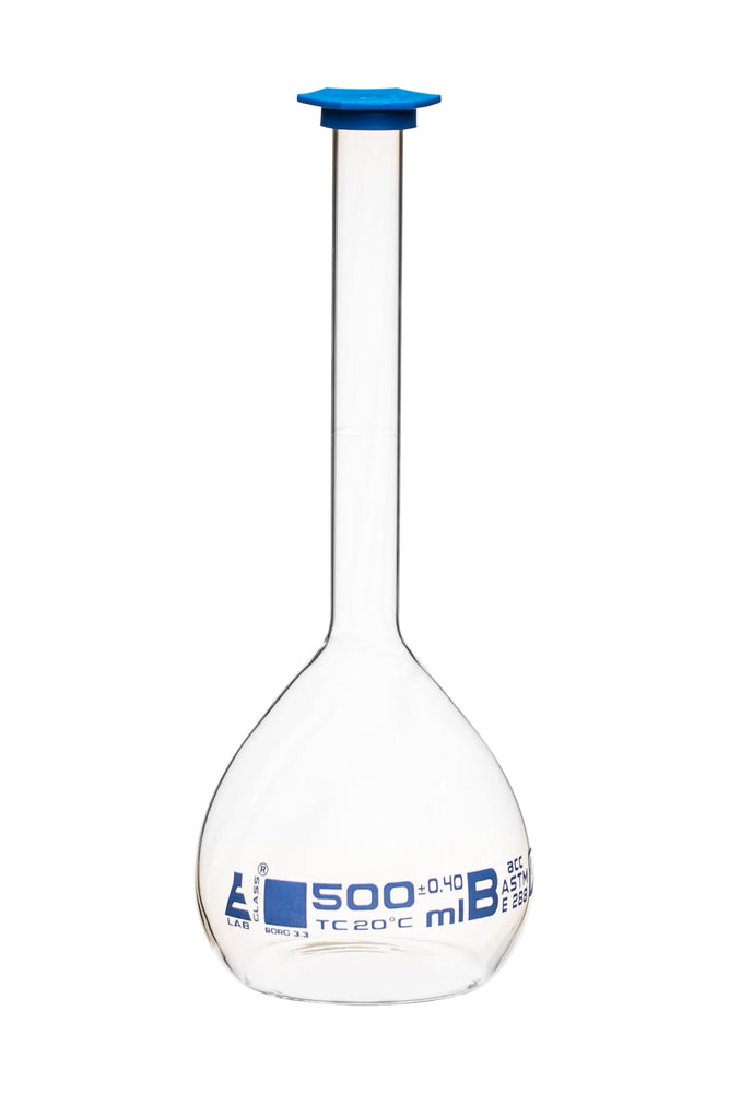 Volumetric Flask, 500ml - Class B, ASTM - Snap Cap - Blue Graduation Mark, Tolerance ±0.400ml - Eisco Labs