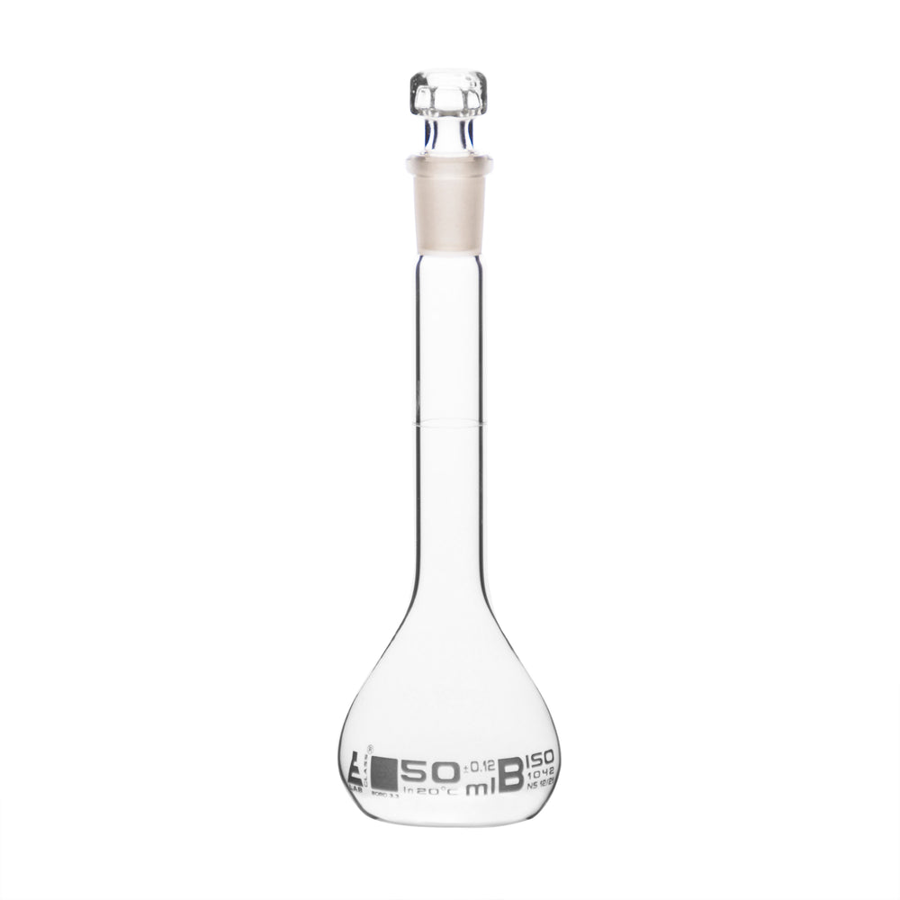 Volumetric Flask, 50ml - Class B - Hexagonal, Hollow Glass Stopper - Single, White Graduation - Eisco Labs