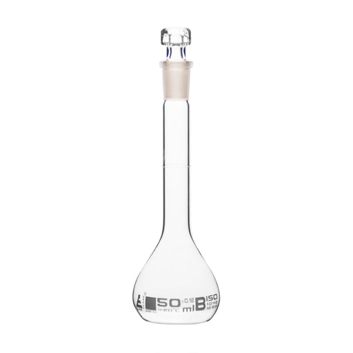 Volumetric Flask, 50ml - Class B - Hexagonal, Hollow Glass Stopper - Single, White Graduation - Eisco Labs