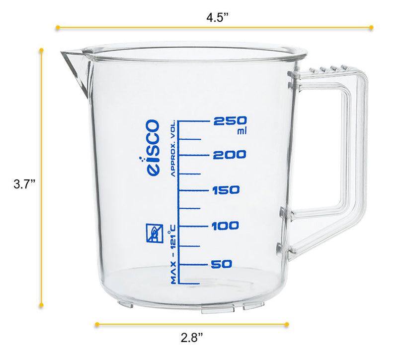 Measuring Jug, 250ml - TPX Plastic - Printed Graduations - Chemical Resistant, Autoclavable - Short Form - Handle with Thumb Grip - Eisco Labs