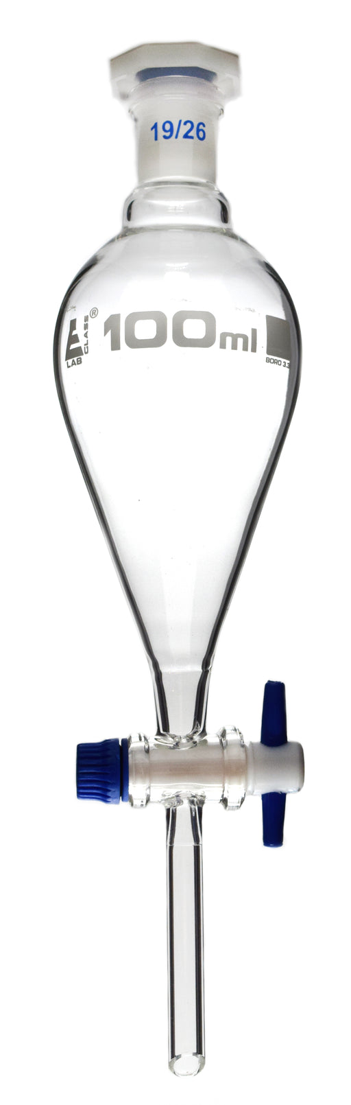Squibb Separating Funnel, 100ml - 19/26 Plastic Stopper, PTFE Key Stopcock, Ungraduated - Borosilicate Glass - Eisco Labs