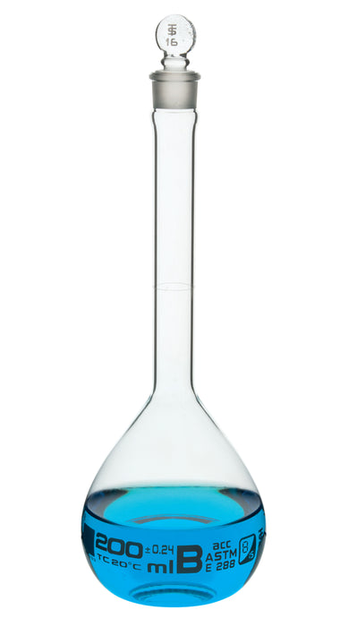 Volumetric Flask, 200ml - Class B, ASTM - Tolerance ±0.200 ml - Glass Stopper -  Single, White Graduation - Eisco Labs