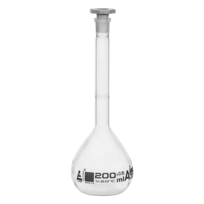 Volumetric Flask, 200ml - Class A - 14/23 Polyethylene Stopper, Borosilicate Glass - White Graduation, Tolerance ±0.150 - Eisco Labs