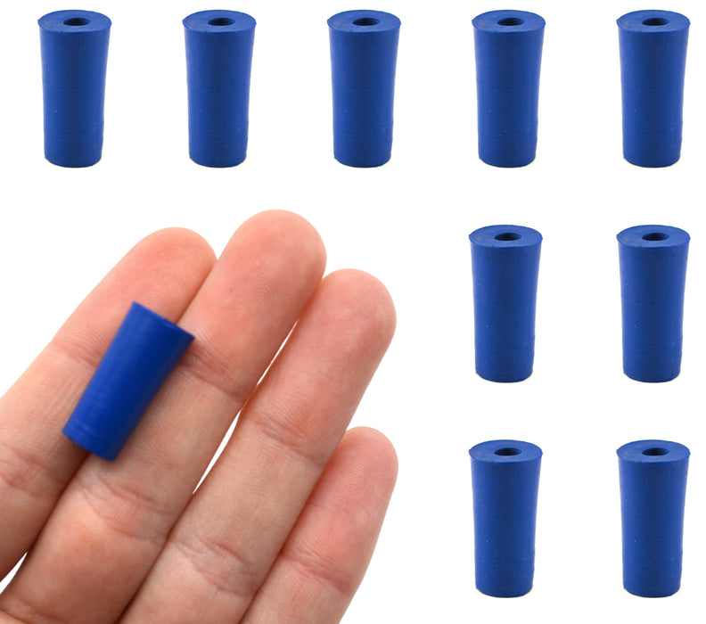 Neoprene Stoppers, 1 Hole - Blue - Size: 8mm Bottom, 10.5mm Top, 20mm Length - Pack of 10