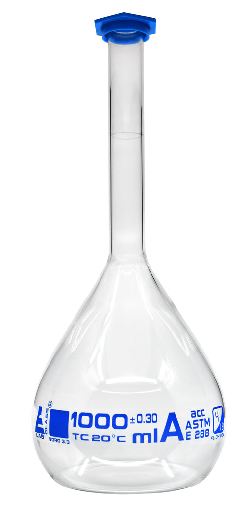 Volumetric Flask, 1000ml - ASTM, Class A - Blue Snap Cap - Borosilicate 3.3 Glass