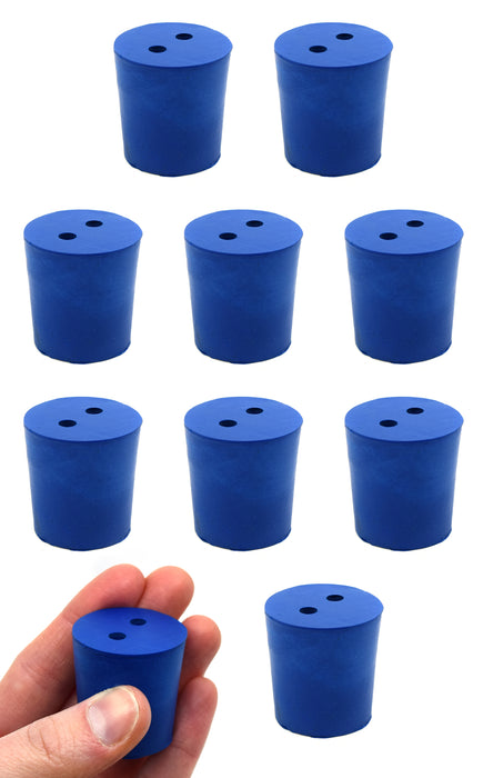Neoprene Stoppers, 2 Holes - Blue - Size: 27mm Bottom, 31mm Top, 32mm Length - Pack of 10