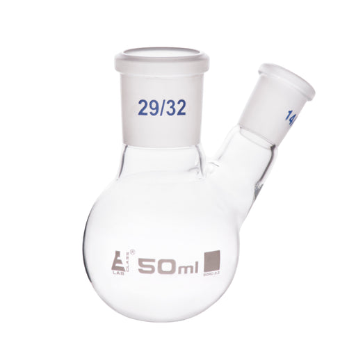 Distilling Flask, 50ml - 29/32 Oblique Neck with 14/23 Joint - Borosilicate Glass - Round Bottom - Eisco Labs