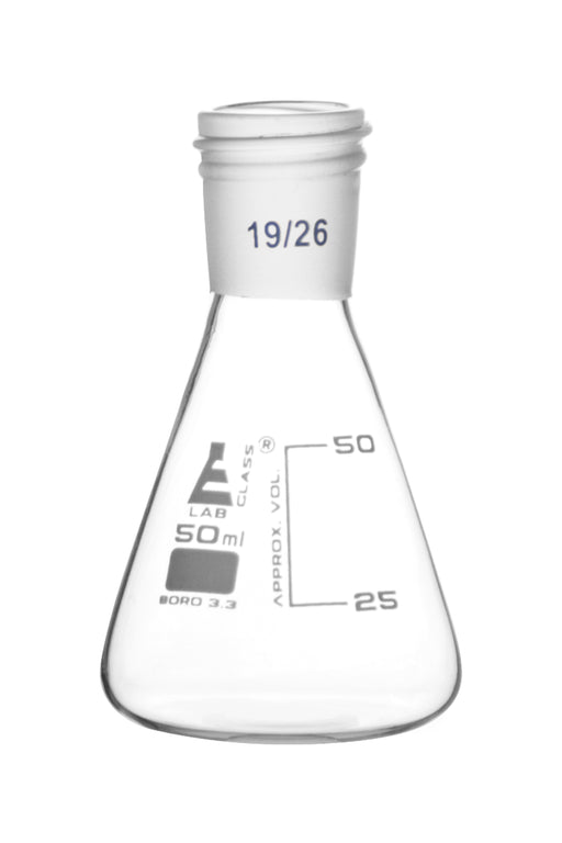Erlenmeyer Flask with 19/26 Joint, 50ml Capacity, 25ml Graduations, Interchangeable Screw Thread Joint, Borosilicate Glass - Eisco Labs