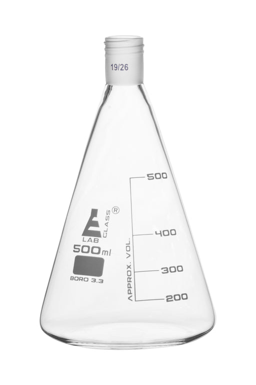 Erlenmeyer Flask with 19/26 Joint, 500ml Capacity, 100ml Graduations, Interchangeable Screw Thread Joint, Borosilicate Glass - Eisco Labs