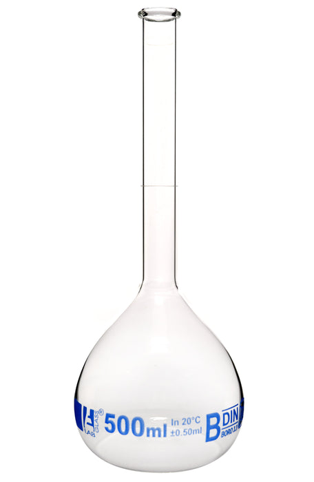 Volumetric Flask, 500ml - Class B - Borosilicate Glass - Blue Graduation, Tolerance ±0.500 - No Stopper, Beaded Rim - Eisco Labs