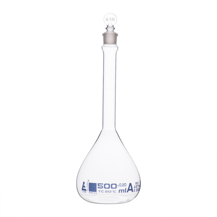 Volumetric Flask, 500ml - Class A, ASTM - Tolerance ±0.200 ml - Glass Stopper -  Single, Blue Graduation - Eisco Labs