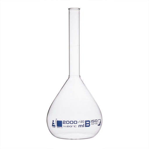 Volumetric Flask, 2000ml - Class B - Borosilicate Glass - Blue Graduation, Tolerance ±1.200 - No Stopper, Beaded Rim - Eisco Labs