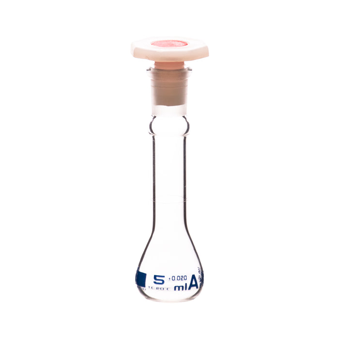 Volumetric Flask, 5ml - Class A - Polypropylene Stopper, Borosilicate Glass - Blue Graduation, Tolerance ±0.020 - Eisco Labs