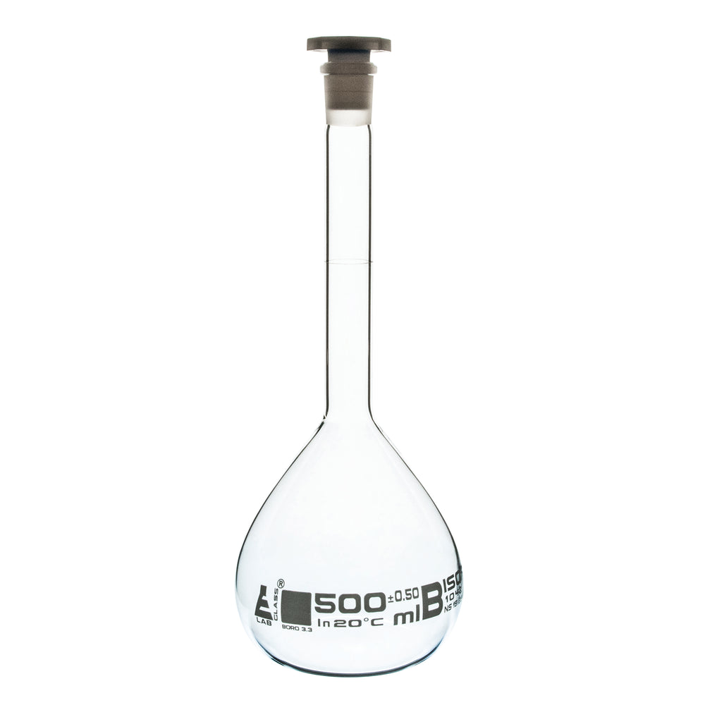 Volumetric Flask, 500ml - Class B - 19/26 Polyethylene Stopper, Borosilicate Glass - White Graduation, Tolerance ±0.500 - Eisco Labs