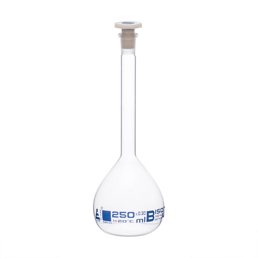 Volumetric Flask, 250ml - Class B - 14/23 Polyethylene Stopper, Borosilicate Glass - Blue Graduation, Tolerance ±0.300 - Eisco Labs