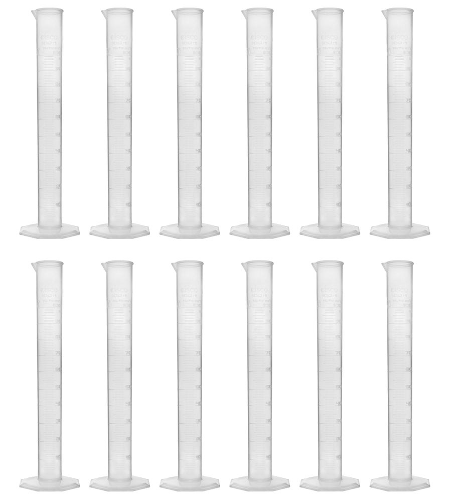 Pack of 12 Measuring Cylinders, 100ml - Class B Tolerance - Octagonal Base - Polypropylene Plastic - Industrial Quality, Autoclavable - Eisco Labs