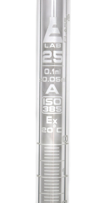 Burette, 25ml - Class A, DIN 385 Compliant, Borosilicate Glass with PTFE Key Stopcock, 0.10ml Graduations - Eisco Labs