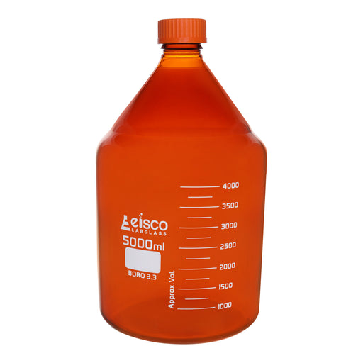 Reagent Bottle, 5000mL - Amber Colored Glass - Orange Screw Cap - Borosilicate 3.3 Glass