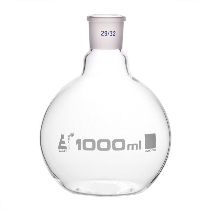 Florence Boiling Flask, 1000ml - 29/32 Joint, Interchangeable - Borosilicate Glass - Flat Bottom, Short Neck - Eisco Labs