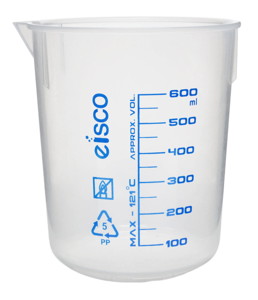 Premium 600mL Beaker - Polypropylene Plastic, Blue Screen Printed, 50mL Graduations (Discontinued)